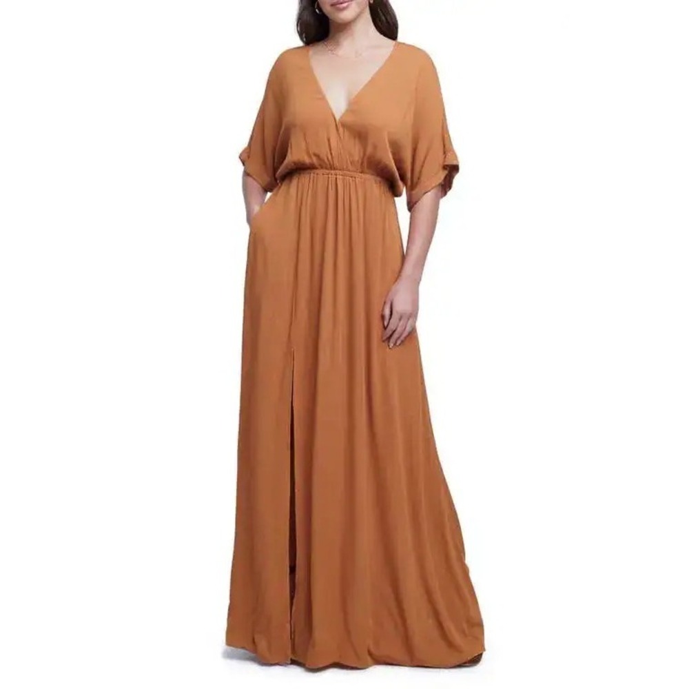 L'AGENCE Belina Maxi Dress Honey Surplice Neck Dolman Sleeve Side Slit Med NWT